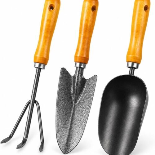 Carbon Steel Trowel Transplanter and Cultivator Kit with Wooden Handle