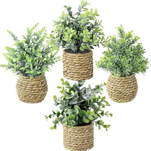 Small Fake Potted Plants Artificial with Seagrass Handwoven Planters